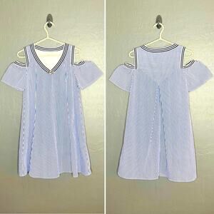 Stripe Cold Shoulder Blue and White Dress